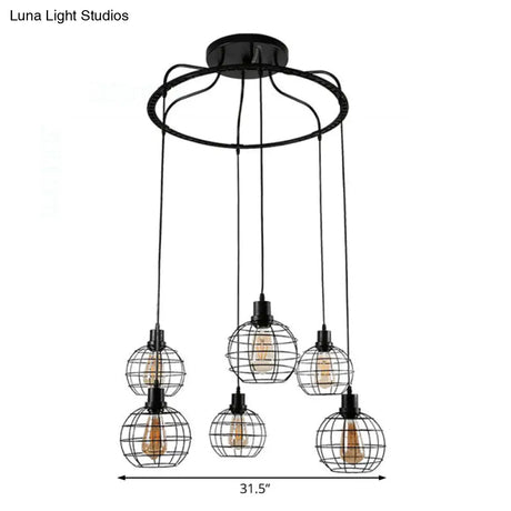 Industrial Style Global Hanging Lamp - 6-Bulb Metallic Suspended Light In Black With Wire Cage Shade
