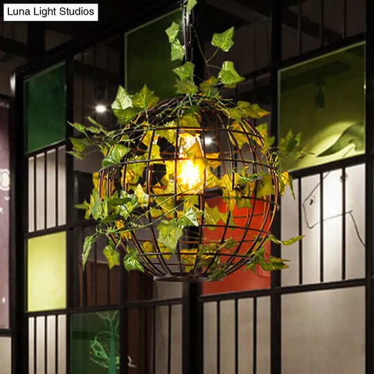 Industrial Globe Cage Ceiling Pendant Light With Iron Pendulum And Artificial Plant Deco In Black