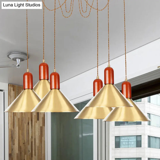 Cone Multi-Pendant Chandelier With Industrial-Style Gold Finish Swag Hanging Light Kit (2/4/3 Heads)