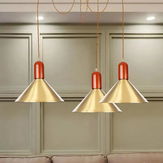 Industrial-Style Gold Finish Cone Pendant Chandelier With Multi-Head Design - Swag Hanging Light