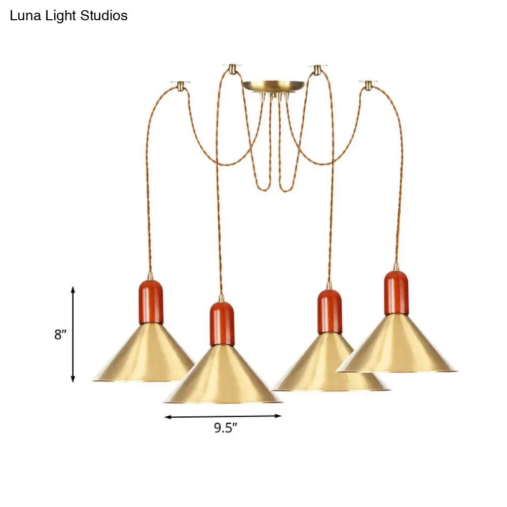 Industrial-Style Gold Finish Cone Pendant Chandelier With Multi-Head Design - Swag Hanging Light