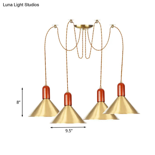 Industrial-Style Gold Finish Cone Pendant Chandelier With Multi-Head Design - Swag Hanging Light