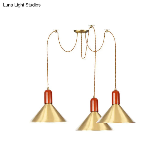 Cone Multi-Pendant Chandelier With Industrial-Style Gold Finish Swag Hanging Light Kit (2/4/3 Heads)