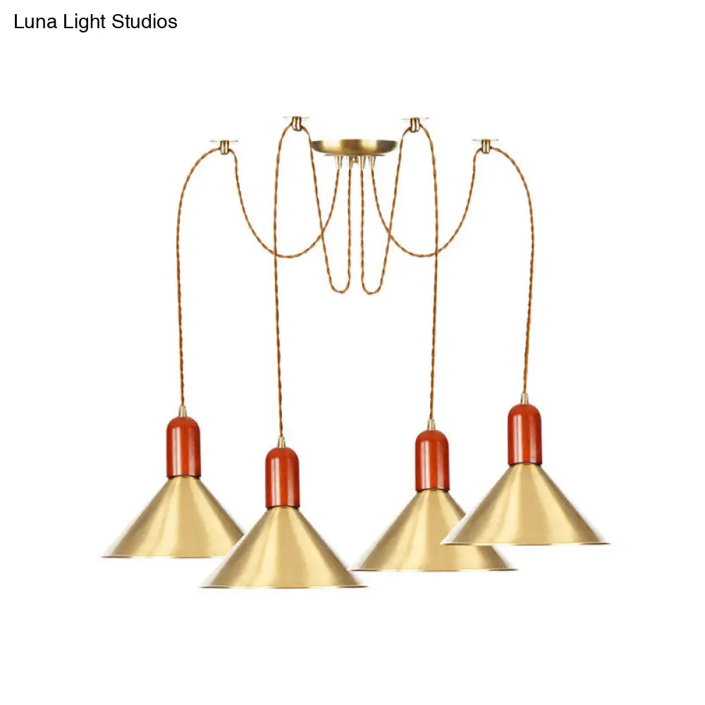 Cone Multi-Pendant Chandelier With Industrial-Style Gold Finish Swag Hanging Light Kit (2/4/3 Heads)