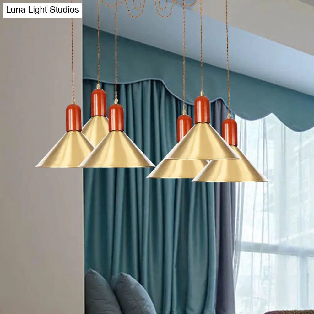 Industrial-Style Gold Finish Cone Pendant Chandelier With Multi-Head Design - Swag Hanging Light