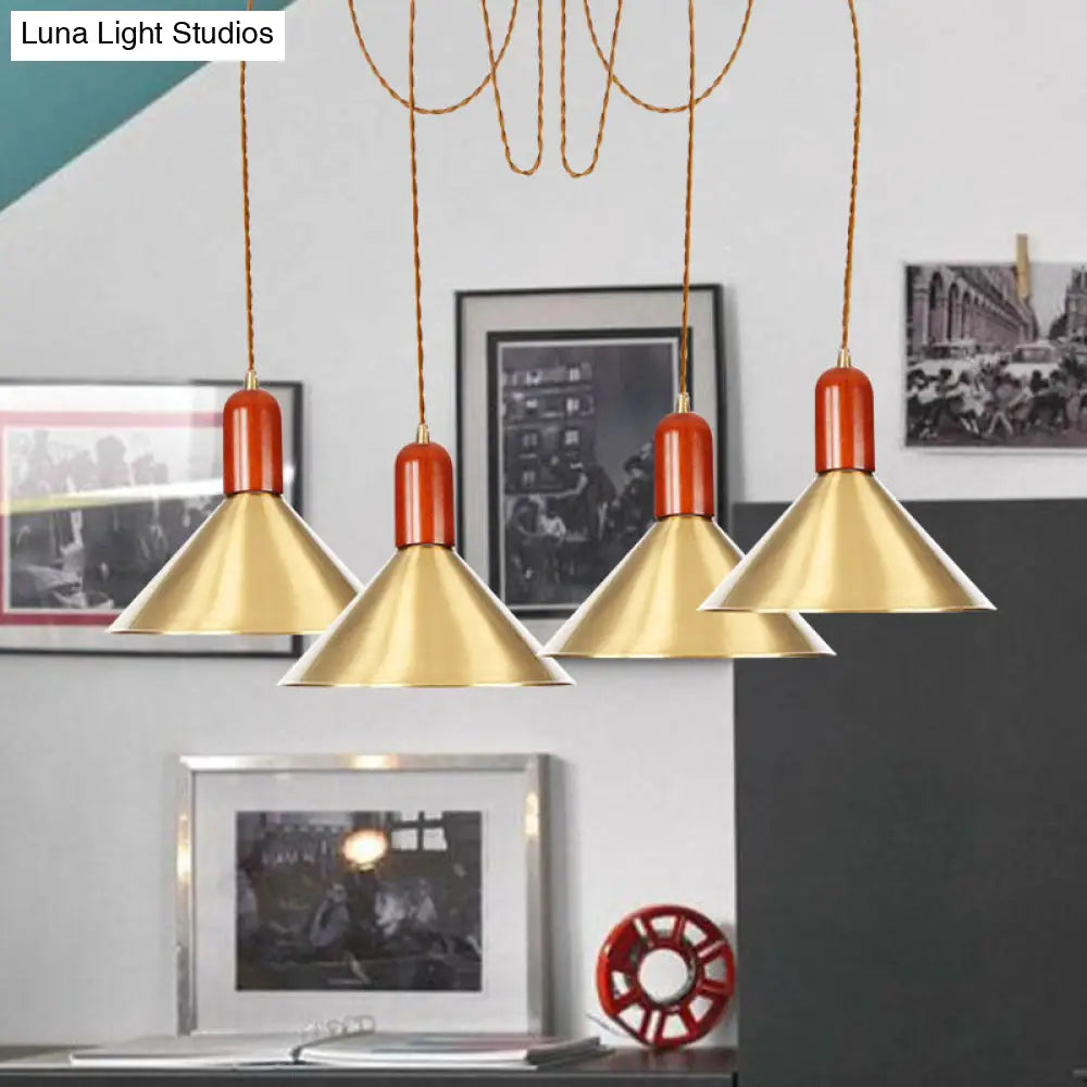 Cone Multi-Pendant Chandelier With Industrial-Style Gold Finish Swag Hanging Light Kit (2/4/3 Heads)