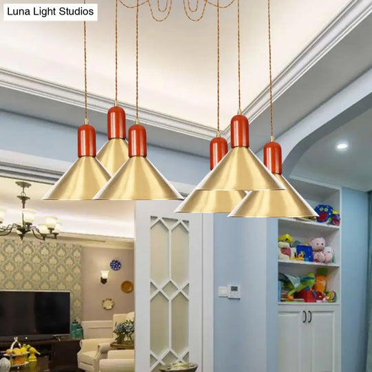 Industrial-Style Gold Finish Cone Pendant Chandelier With Multi-Head Design - Swag Hanging Light
