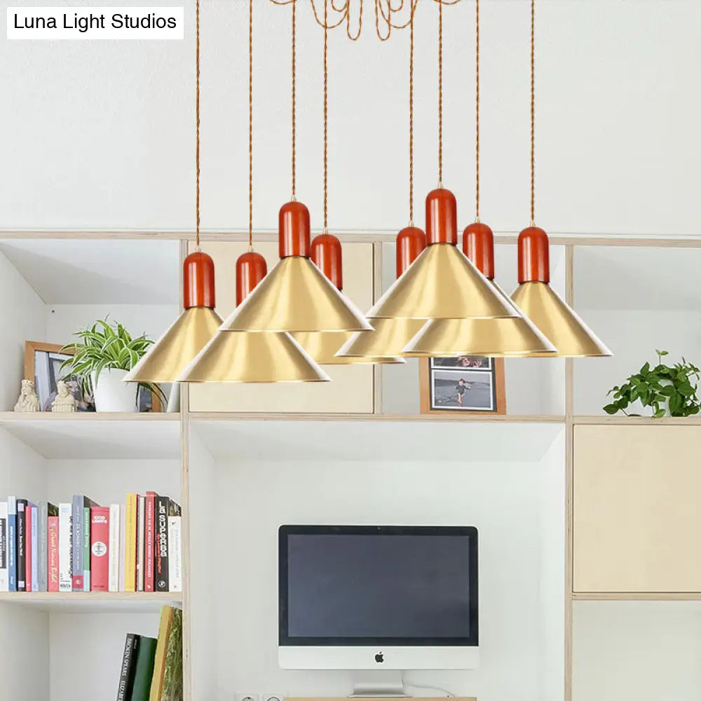 Industrial-Style Gold Finish Cone Pendant Chandelier With Multi-Head Design - Swag Hanging Light