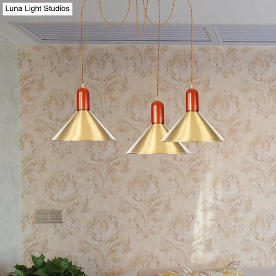 Industrial-Style Gold Finish Cone Pendant Chandelier With Multi-Head Design - Swag Hanging Light