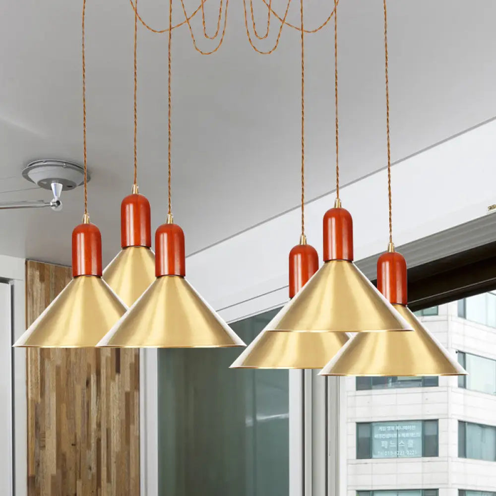 Industrial-Style Gold Finish Cone Pendant Chandelier With Multi-Head Design - Swag Hanging Light