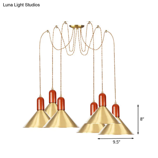 Industrial-Style Gold Finish Cone Pendant Chandelier With Multi-Head Design - Swag Hanging Light