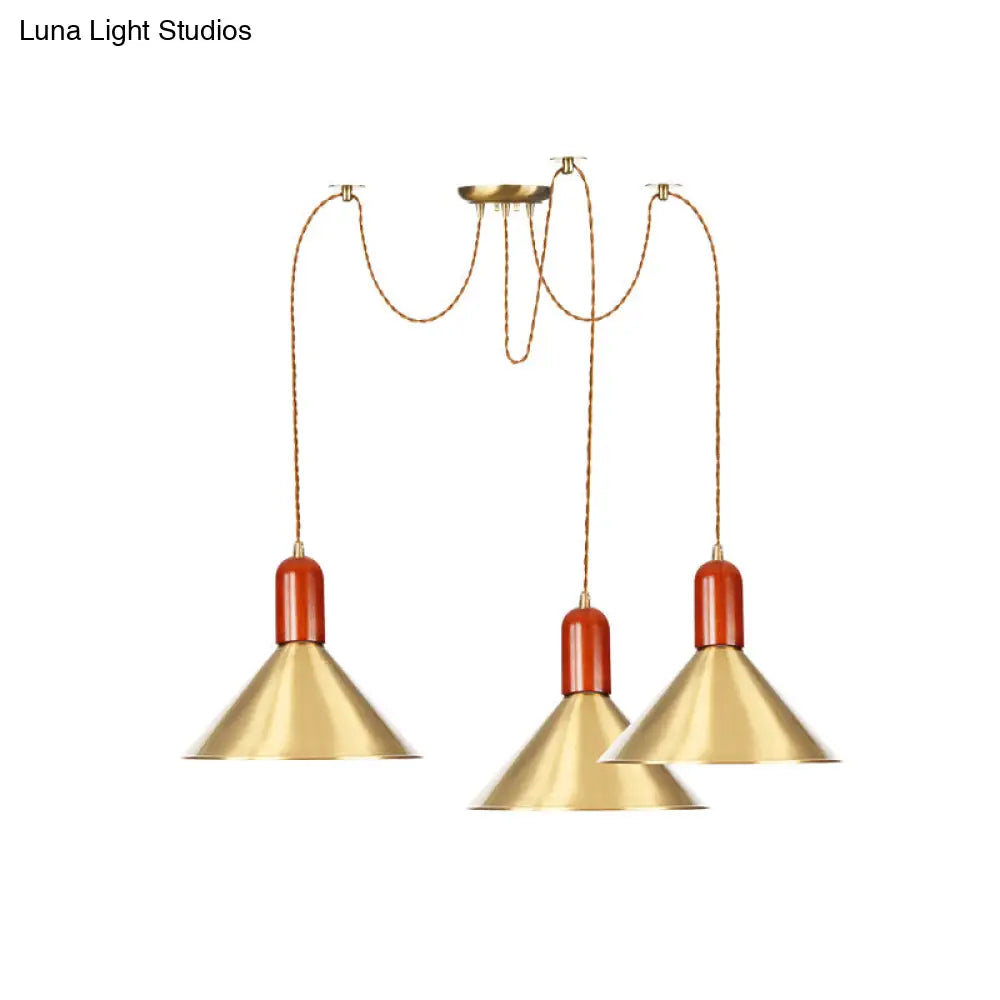 Industrial-Style Gold Finish Cone Pendant Chandelier With Multi-Head Design - Swag Hanging Light
