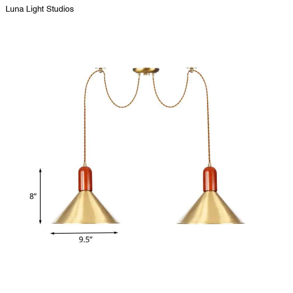 Cone Multi-Pendant Chandelier With Industrial-Style Gold Finish Swag Hanging Light Kit (2/4/3 Heads)