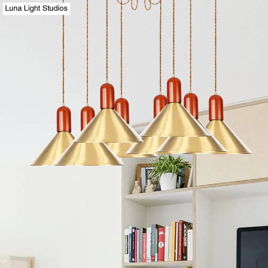 Industrial-Style Gold Finish Cone Pendant Chandelier With Multi-Head Design - Swag Hanging Light