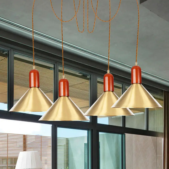 Industrial-Style Gold Finish Cone Pendant Chandelier With Multi-Head Design - Swag Hanging Light