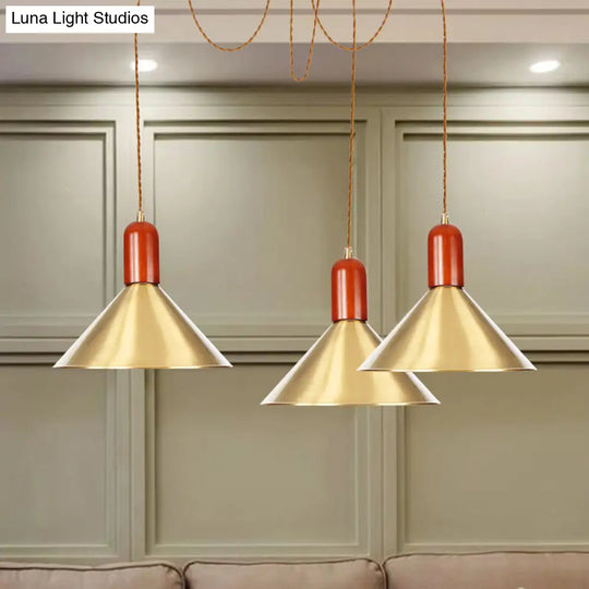 Cone Multi-Pendant Chandelier With Industrial-Style Gold Finish Swag Hanging Light Kit (2/4/3 Heads)