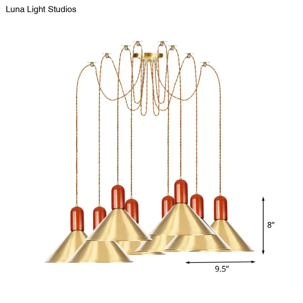 Industrial-Style Gold Finish Cone Pendant Chandelier With Multi-Head Design - Swag Hanging Light