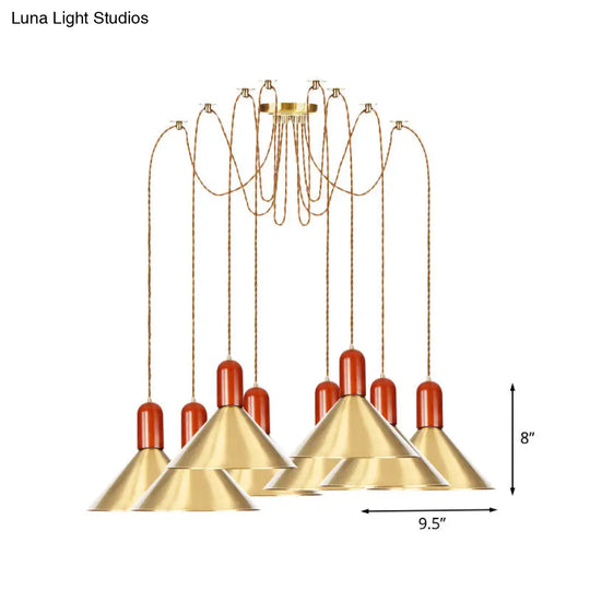 Industrial-Style Gold Finish Cone Pendant Chandelier With Multi-Head Design - Swag Hanging Light
