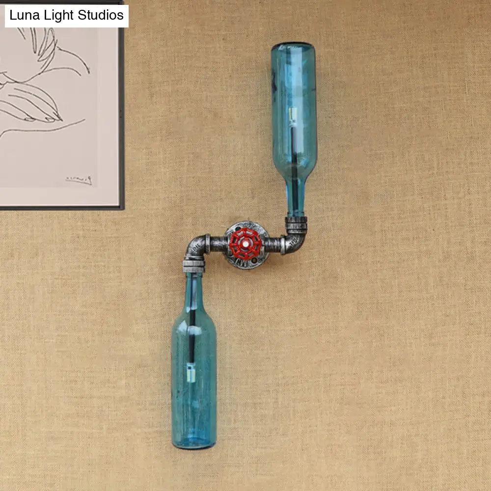 Industrial-Style Gray/Blue Glass Wall Sconce Light With 2 Wine Bottle Lights Ideal For Living Room