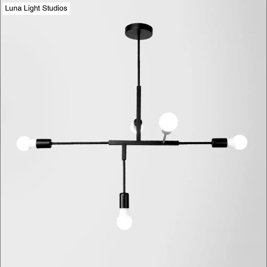 Industrial Style Iron 5-Light Hanging Chandelier With Exposed Bulbs - Black Finish For Living Room