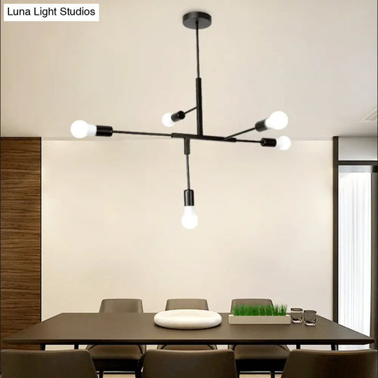Industrial Style Iron 5-Light Hanging Chandelier With Exposed Bulbs - Black Finish For Living Room