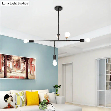 Industrial Style Iron 5-Light Hanging Chandelier With Exposed Bulbs - Black Finish For Living Room