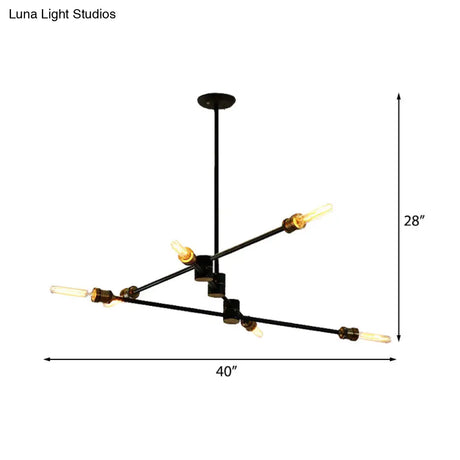 Industrial Style Linear Chandelier Light - 6-Light Metallic Ceiling Fixture in Black for Living Room Black