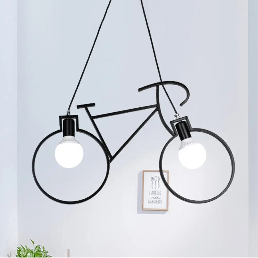 Industrial Style Metal Bicycle Pendant Light Fixture - 2 Bulbs Black/White Indoor Hanging Lamp With
