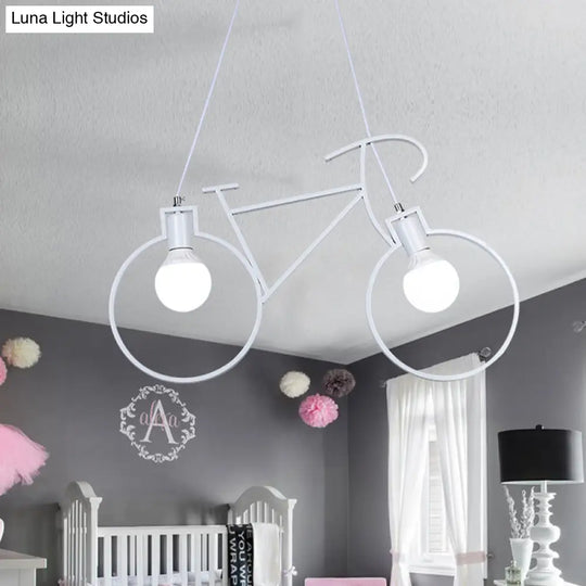 Industrial Style Metal Bicycle Pendant Light Fixture - 2 Bulbs Black/White Indoor Hanging Lamp With