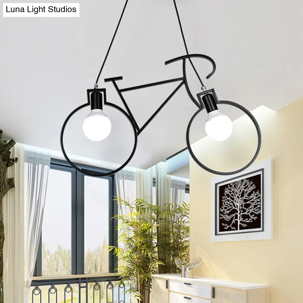 Industrial Style Metal Bicycle Pendant Light Fixture - 2 Bulbs Black/White Indoor Hanging Lamp With
