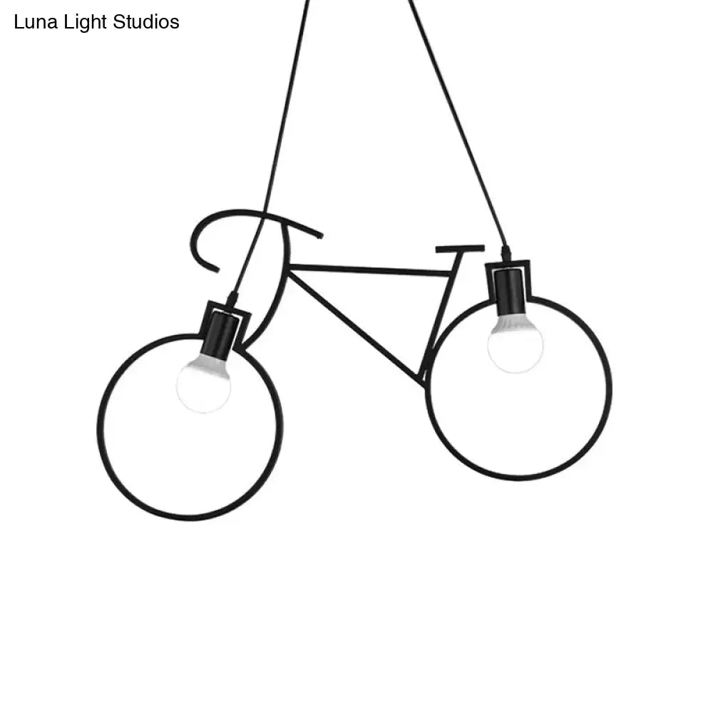 Industrial Style Metal Bicycle Pendant Light Fixture - 2 Bulbs Black/White Indoor Hanging Lamp With