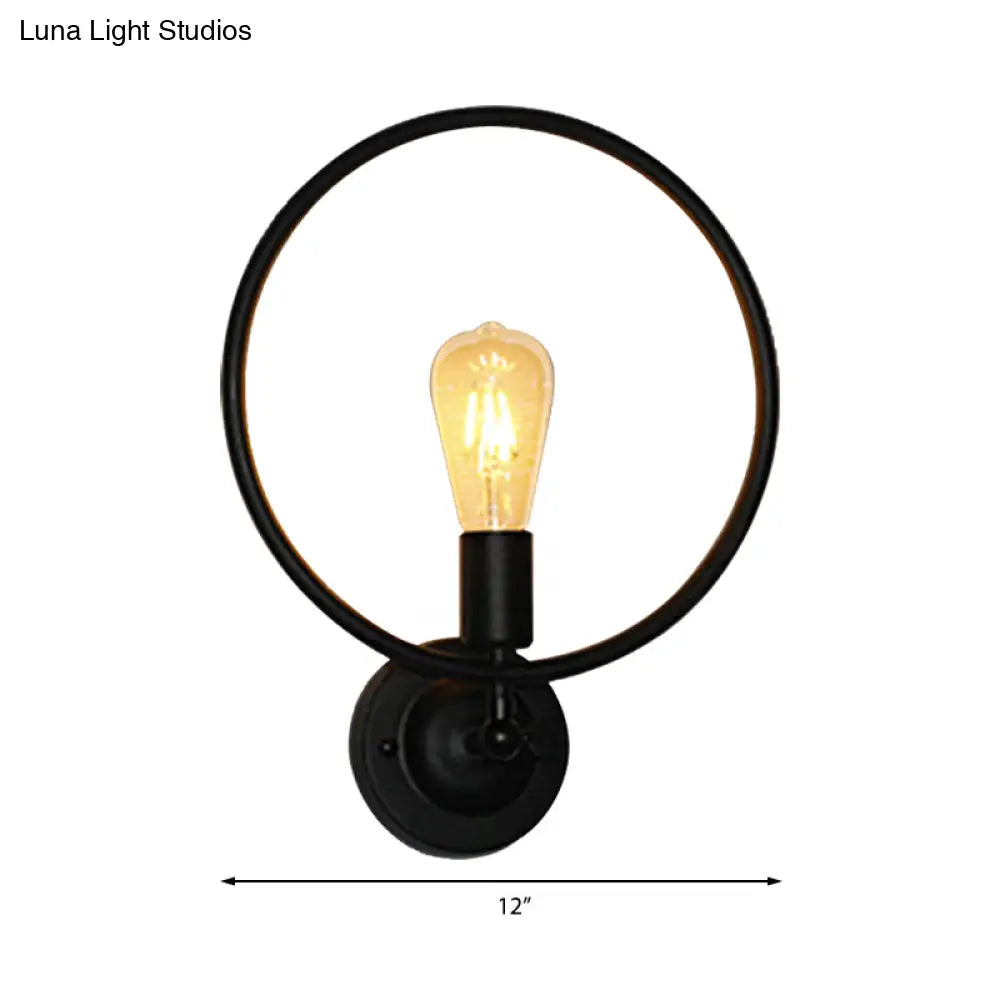 Industrial Style Metal Circular Bathroom Wall Sconce Light - 1 Bulb Black Finish