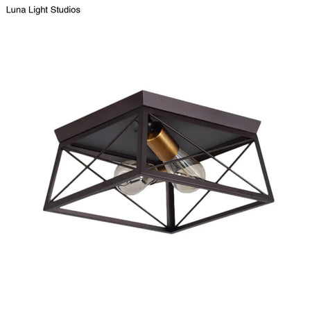 Industrial Style Metal Flush Ceiling Light Fixture - 10’/12’ Wide 2 Bulbs Coffee Tone Ideal For