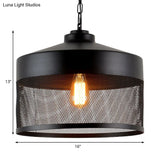 Industrial Style Metal Hanging Light With Black Mesh Drum Shade - Restaurant Pendant Fixture