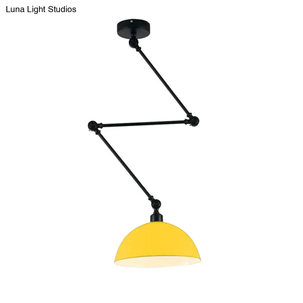 Industrial Style Metal Kitchen Pendant Lamp - Domed Green/Yellow 1-Light Suspension With Extendable