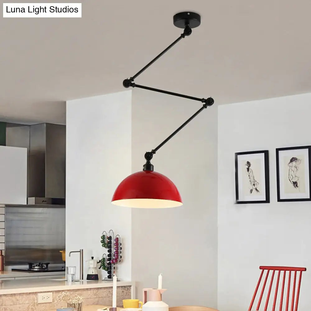 Industrial Style Metal Kitchen Pendant Lamp - Domed Green/Yellow 1-Light Suspension With Extendable