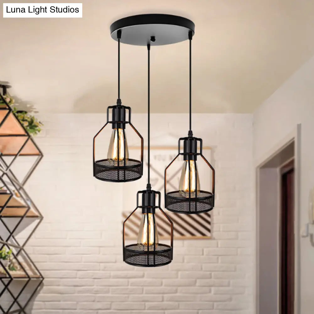 Industrial Style Metallic Black Wire Cage Pendant Light With 3 Heads - Perfect For Foyer Suspension