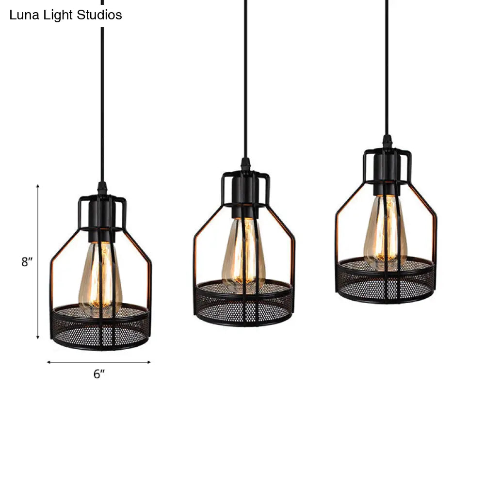 Industrial Style Metallic Black Wire Cage Pendant Light With 3 Heads - Perfect For Foyer Suspension