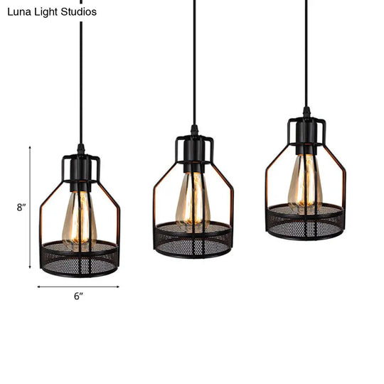 Industrial Style Metallic Black Wire Cage Pendant Light With 3 Heads - Perfect For Foyer Suspension