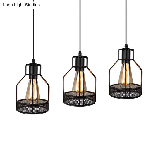 Industrial Style Metallic Black Wire Cage Pendant Light With 3 Heads - Perfect For Foyer Suspension