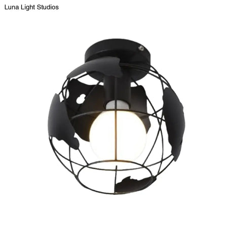 Industrial Style Metallic Flush Mount Light With Cage Shade - 1 Head Corridor Ceiling In Black/Red