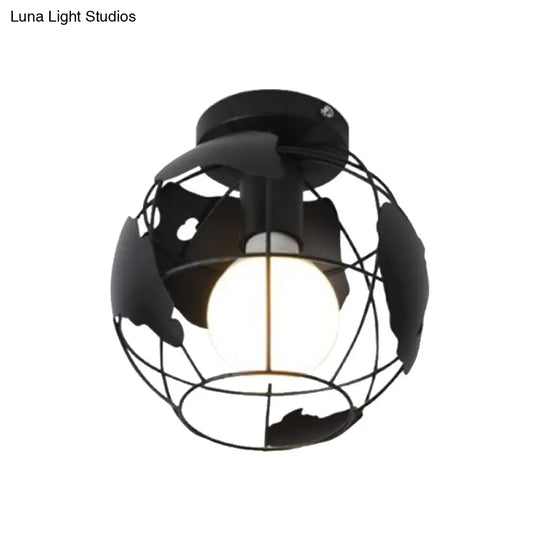 Industrial Style Metallic Flush Mount Light With Cage Shade - 1 Head Corridor Ceiling In Black/Red