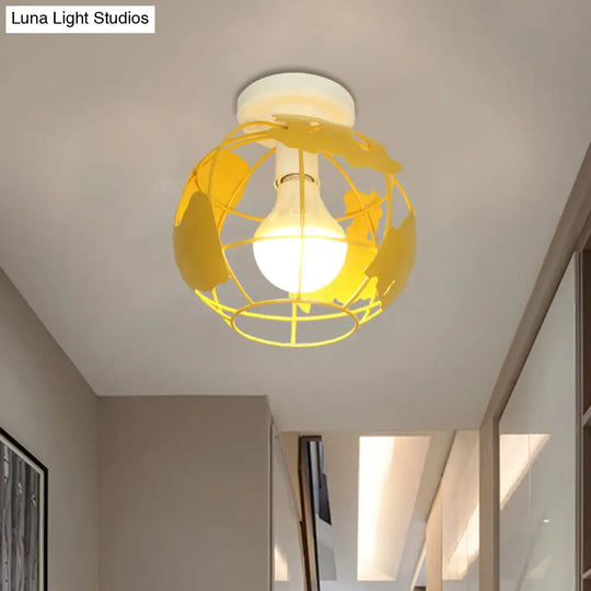Industrial Style Metallic Flush Mount Light With Cage Shade - 1 Head Corridor Ceiling In Black/Red