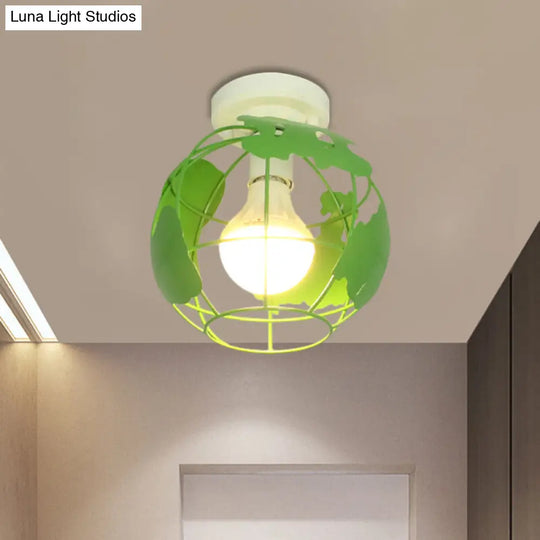 Industrial Style Metallic Flush Mount Light With Cage Shade - 1 Head Corridor Ceiling In Black/Red
