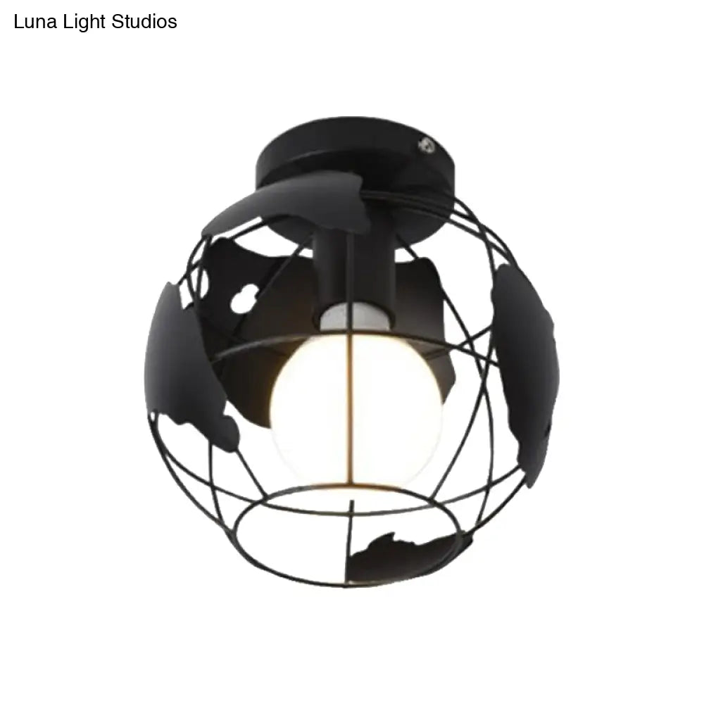 Industrial Style Metallic Flush Mount Light With Cage Shade - 1 Head Corridor Ceiling In Black/Red