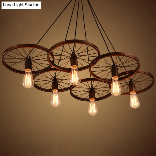 Metallic Industrial Style Multi-Light Pendant With Wheel Design Perfect For Restaurants