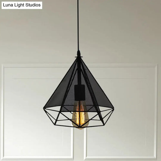 Industrial Style Black Diamond Pendant Lamp With Mesh Screen - Metallic Bulb Indoor Lighting