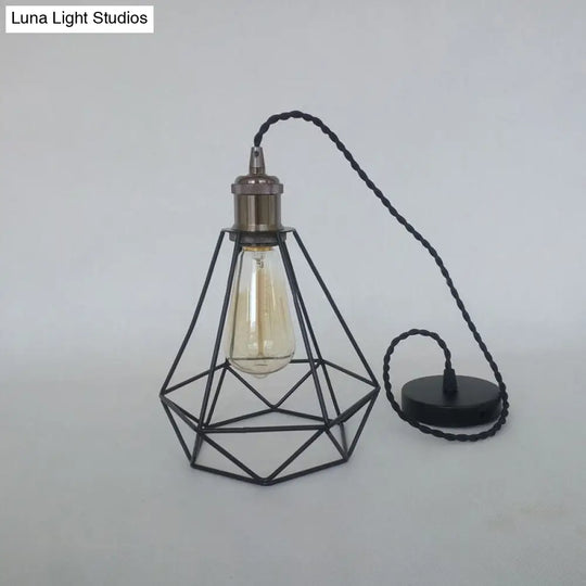 Industrial Style Mini Pendant Light - Black/Bronze Metal Cage Shade Over Table