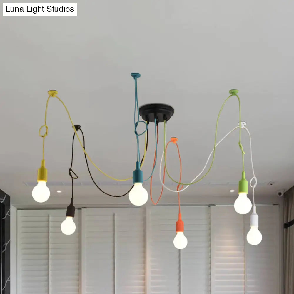 Industrial Style Swag Pendant Lighting Fixture With 6 Multi Colored Metal Lights Ideal For