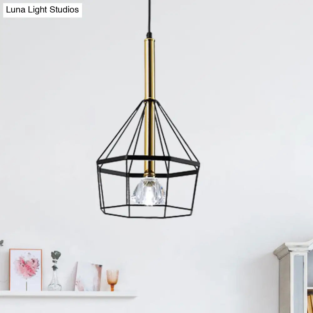 Industrial Style Pendant Lamp With Caged Metal And Clear Crystal Shade Black Finish / C